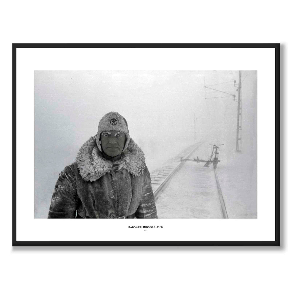 Track Watchman, Riksgränsen 1955 as a historic photograph and poster from Historly – with white border and title