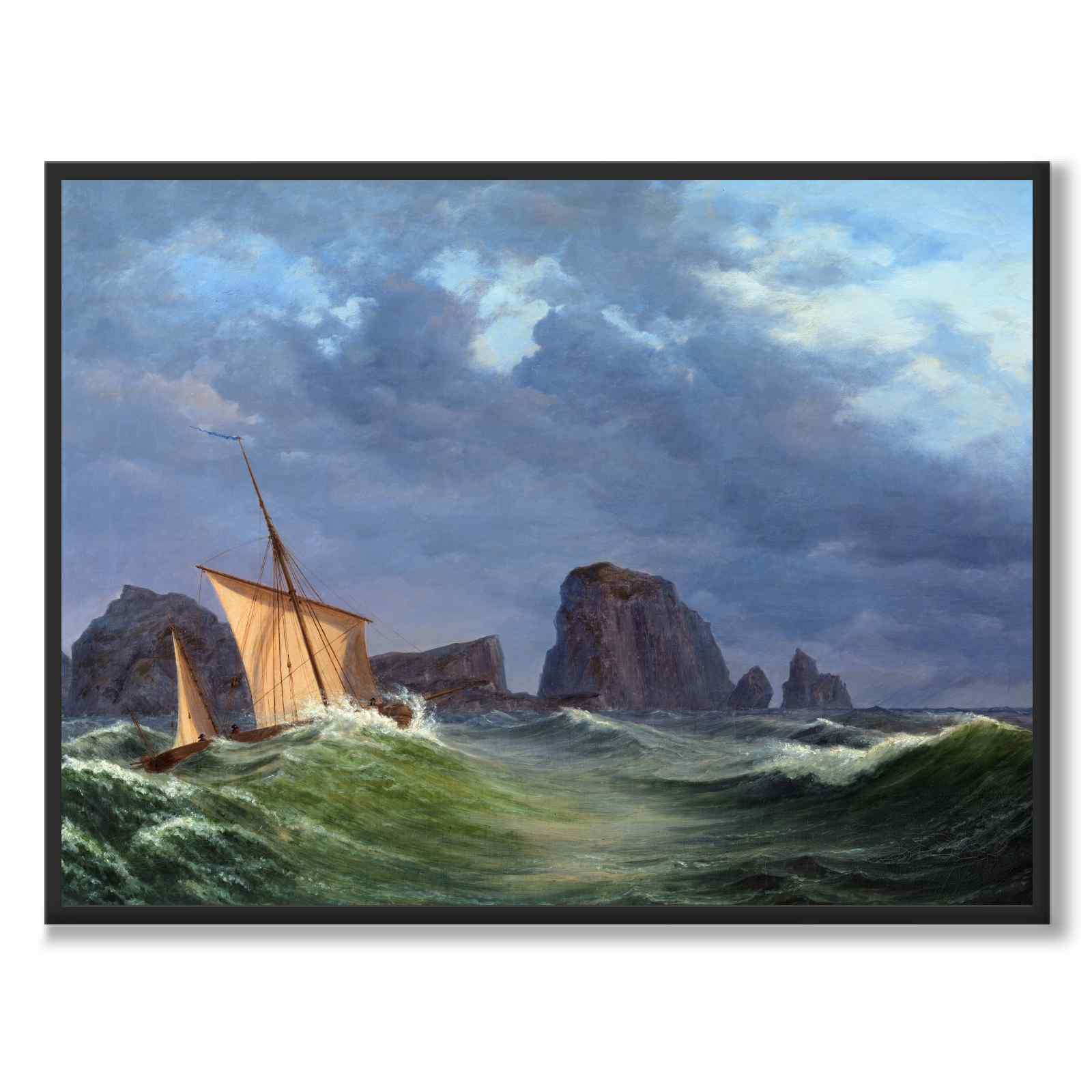 A Shetland fishing boat in stormy weather north of the Orkney Islands by Anton Melbye as a poster – full view