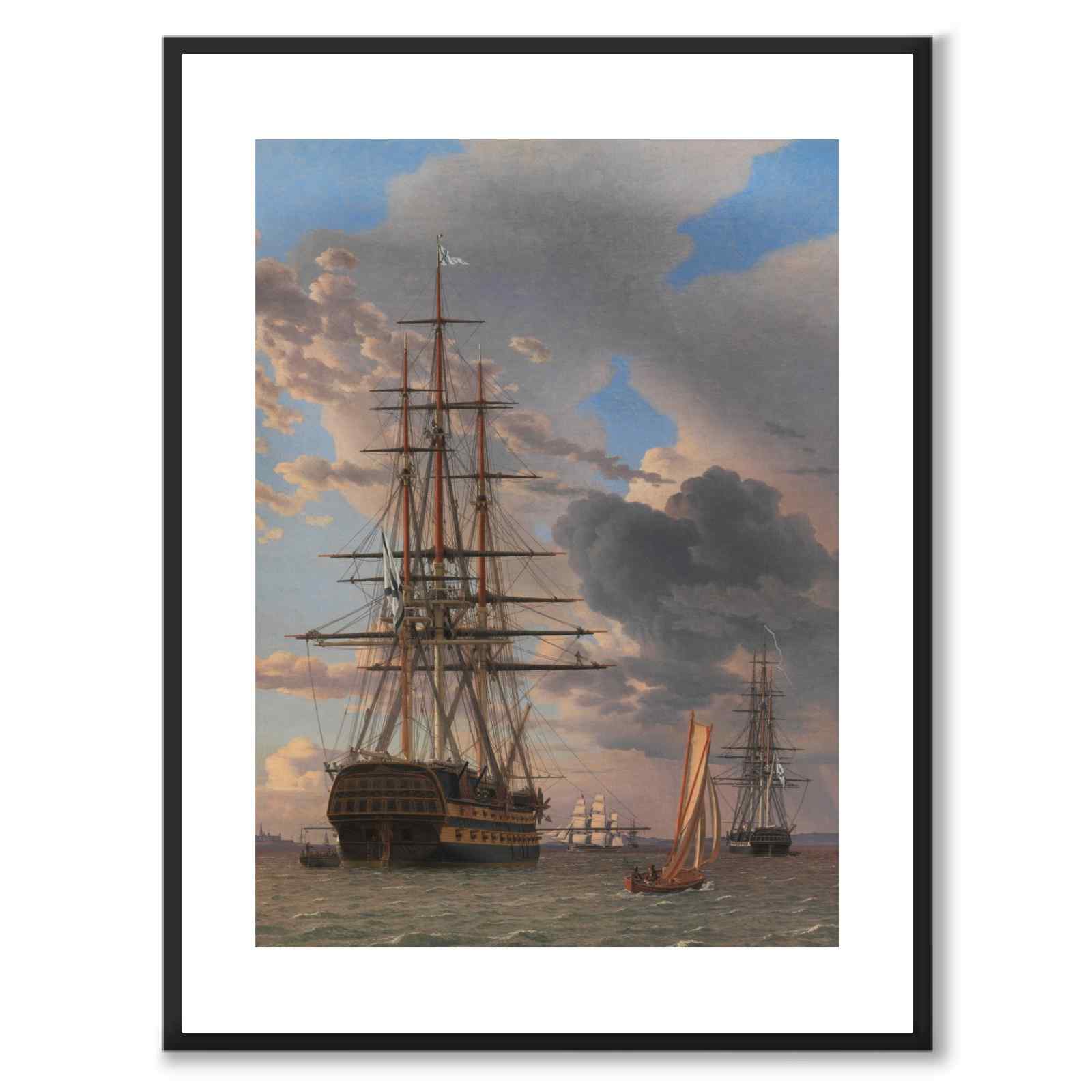 The Russian ship-of-the-line "Asow" and a frigate at anchor off Helsingør Roadstead by C.W. Eckersberg as a poster – white border