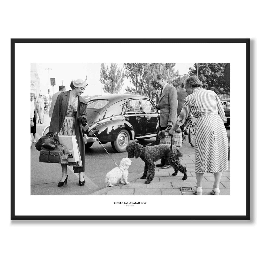 Birger Jarlsgatan 1950 as a historic Stockholm poster from Historly – with white border and title