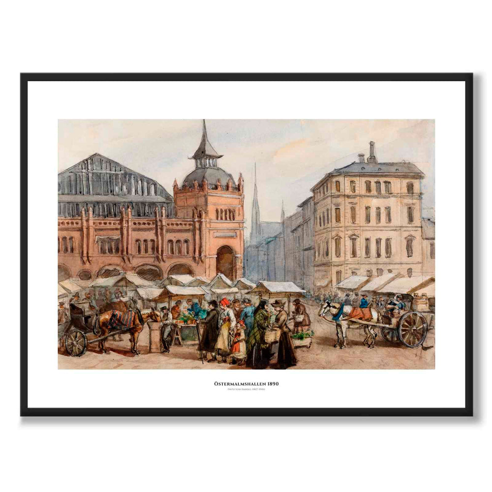 Östermalmshallen 1890 as a historic Stockholm poster from Historly – with white border and title