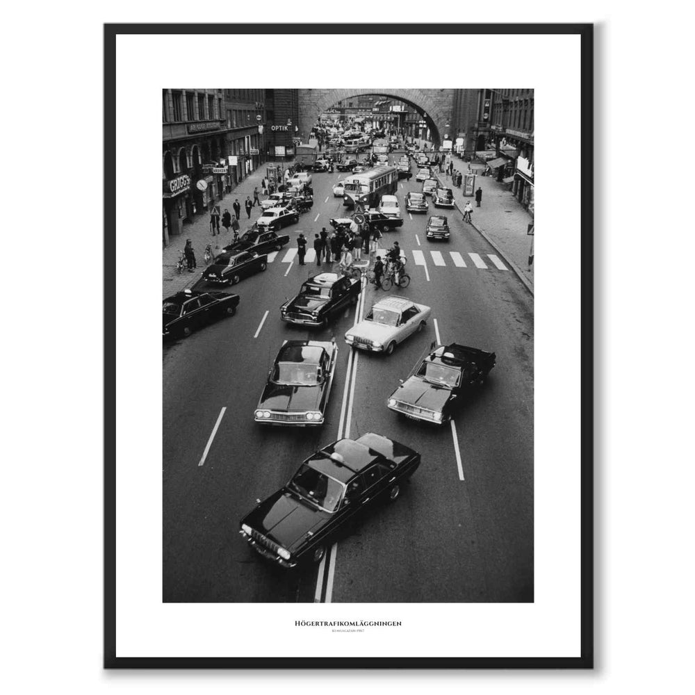The 1967 right-hand traffic transition as a historic Stockholm poster from Historly – with white border and title