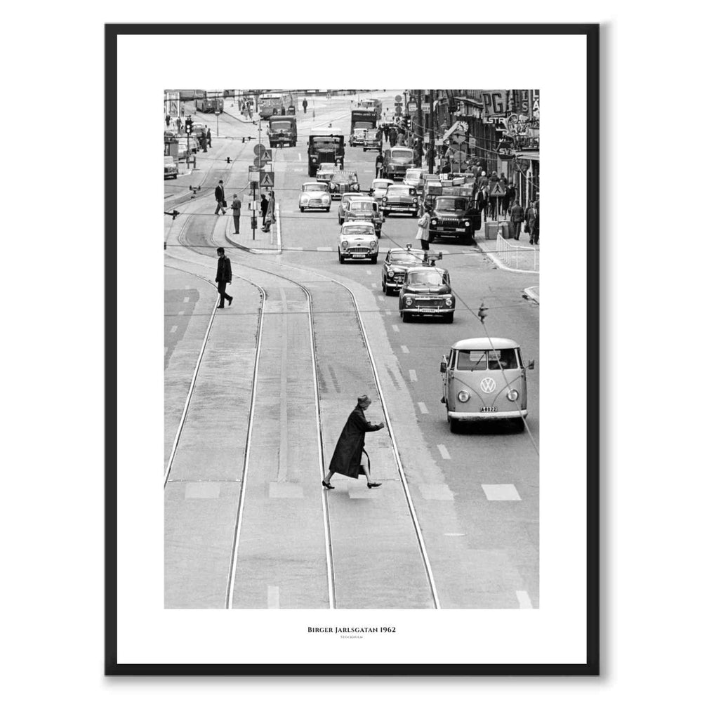 Birger Jarlsgatan 1962 as a historic Stockholm poster from Historly – with white border and title